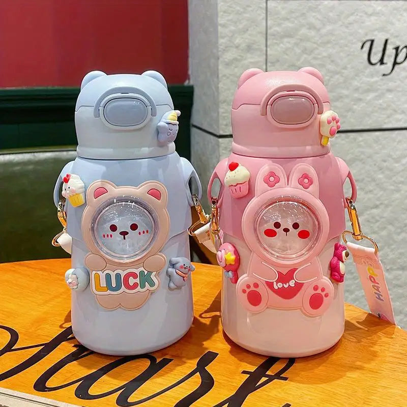 Kawaii Cartoon Insulated Water Bottle with Straw 500ml