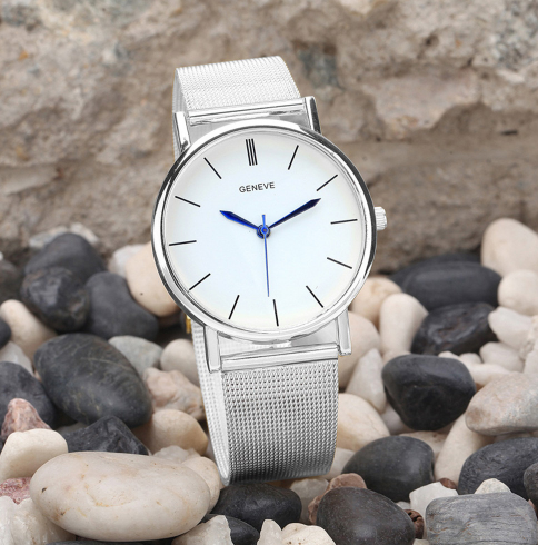 Geneva Watch with Gold Mesh Band and Double Row Diamonds