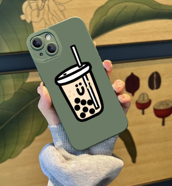 Cartoon Phone Case with Pearl Milk Tea Design