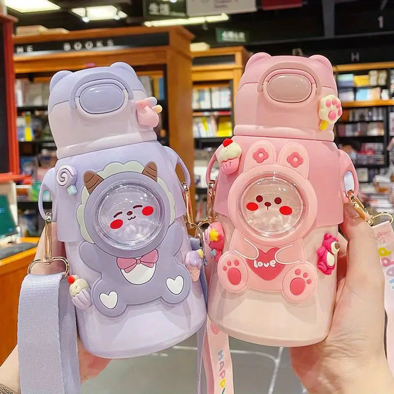 Kawaii Cartoon Insulated Water Bottle with Straw 500ml